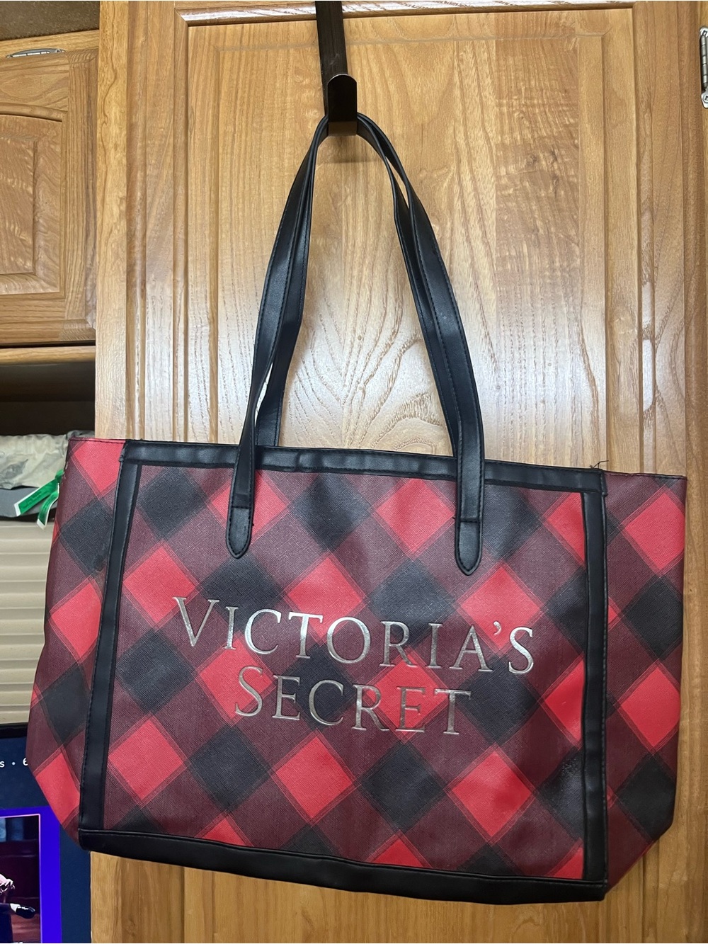 Victoria's Secret Red and Black Plaid Tote with Black Handles